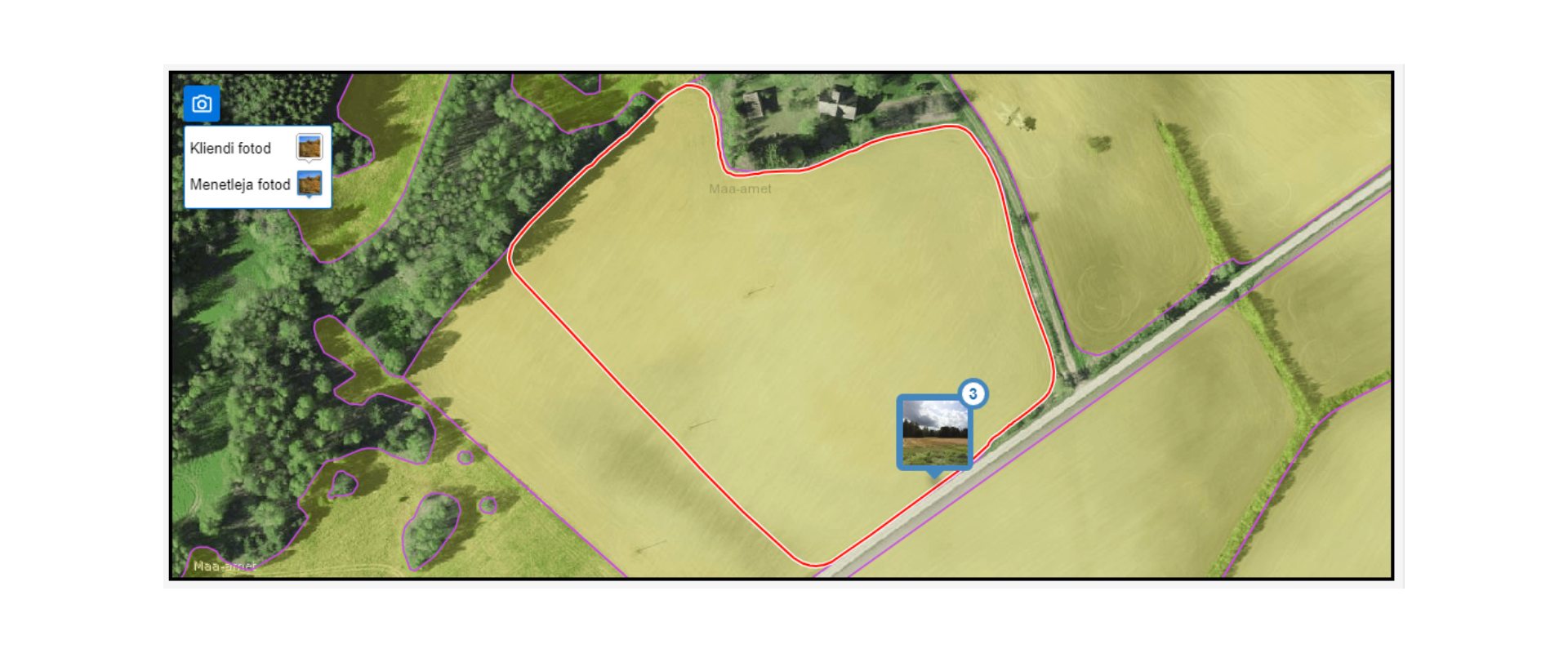 Kaardil on kuvatud põld, põllu peal on pisike ruut pildiga.