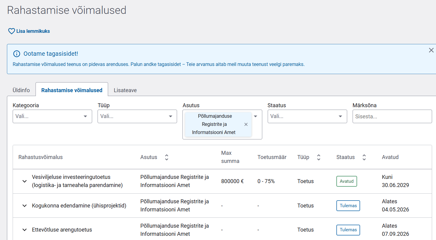 Rahastamise võimalused, eesti.ee